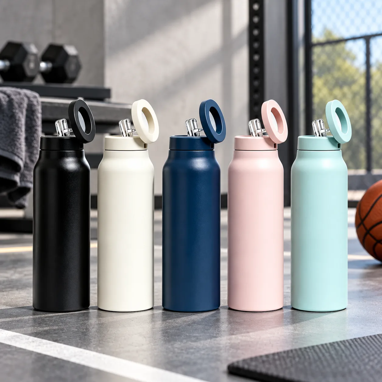 1L stainless steel water bottle with straw