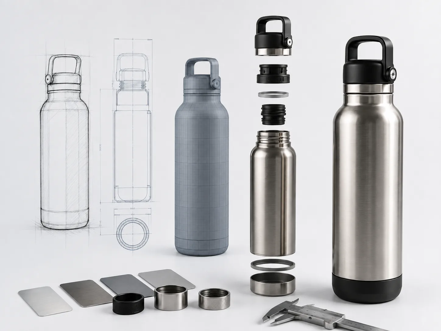 Custom bottle sketch, 3D drawing, prototype, and custom bottle components for fully custom drinkware development