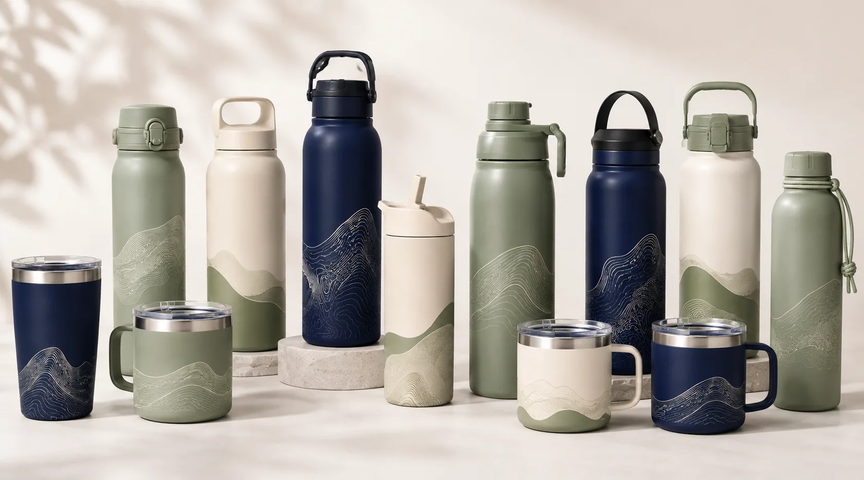 A coordinated collection of stainless steel bottles and tumblers in multiple sizes and matching finishes