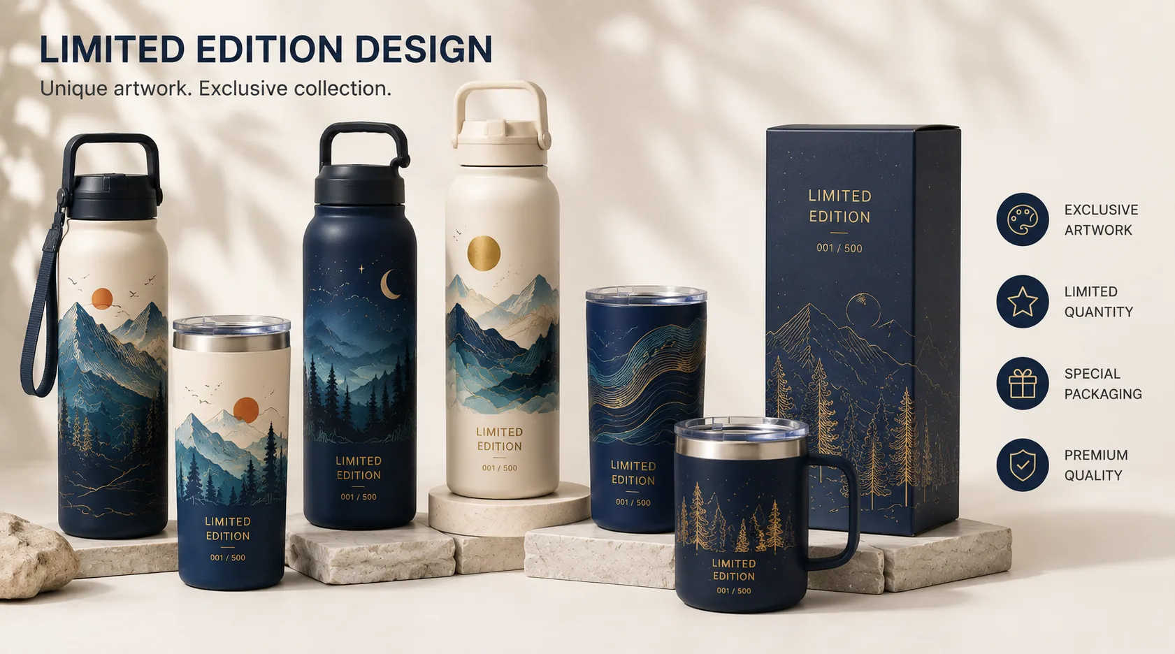 Premium decorated drinkware with sophisticated full-wrap artwork, special finishes, and coordinated limited-edition packaging