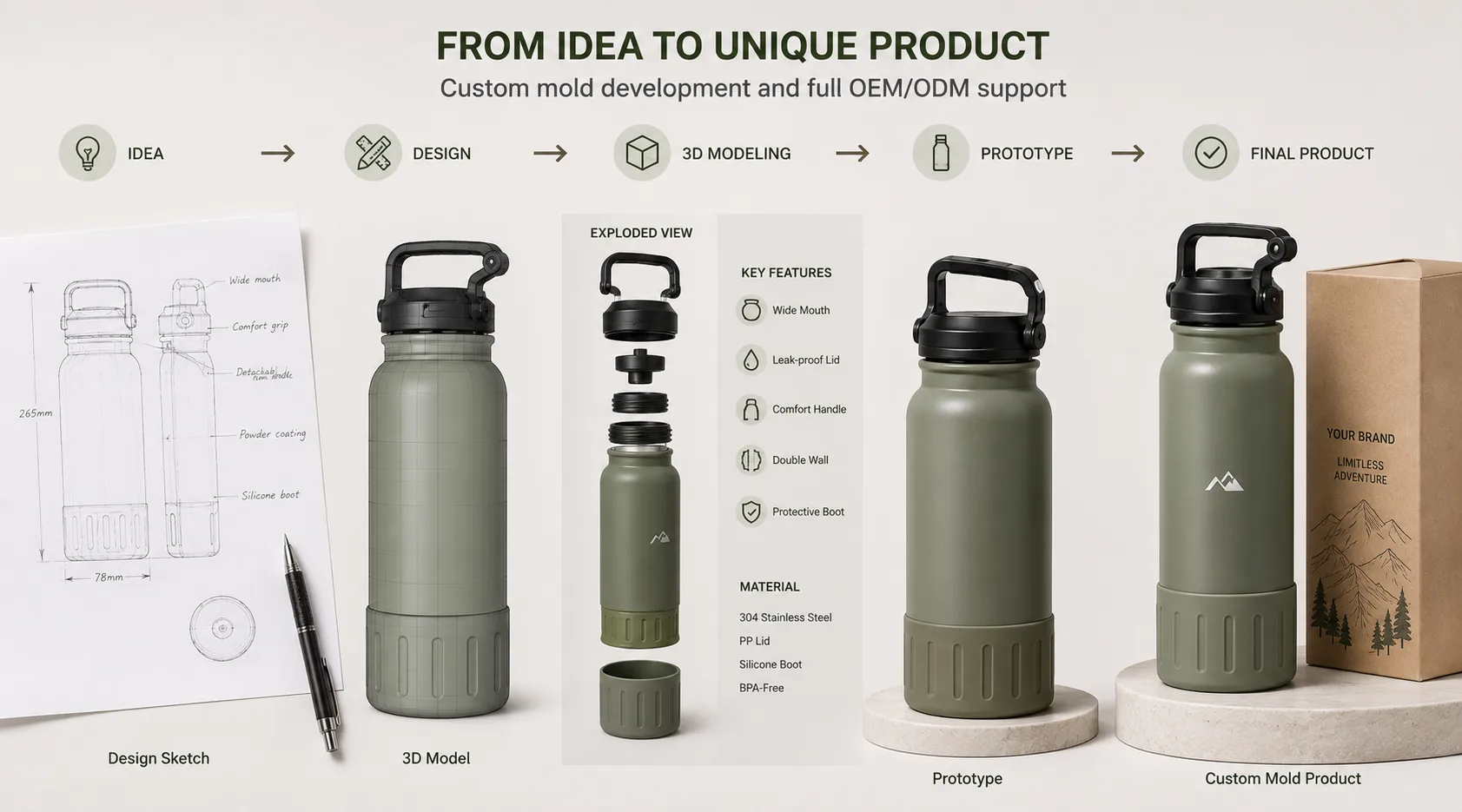 Product development progression showing sketch, 3D model, prototype, and finished proprietary bottle