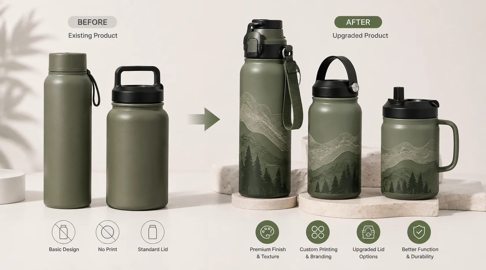 Before-and-after product development concept showing refined bottle details, improved lid and finish