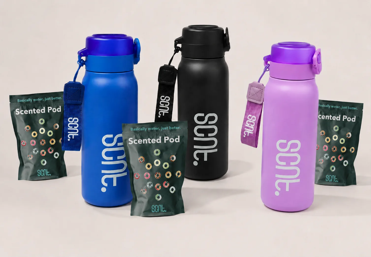 A coordinated retail drinkware collection with several sizes and colors displayed like a branded product range