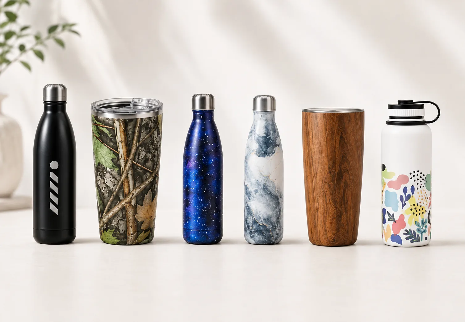 Close-up printing and decoration details on stainless steel drinkware