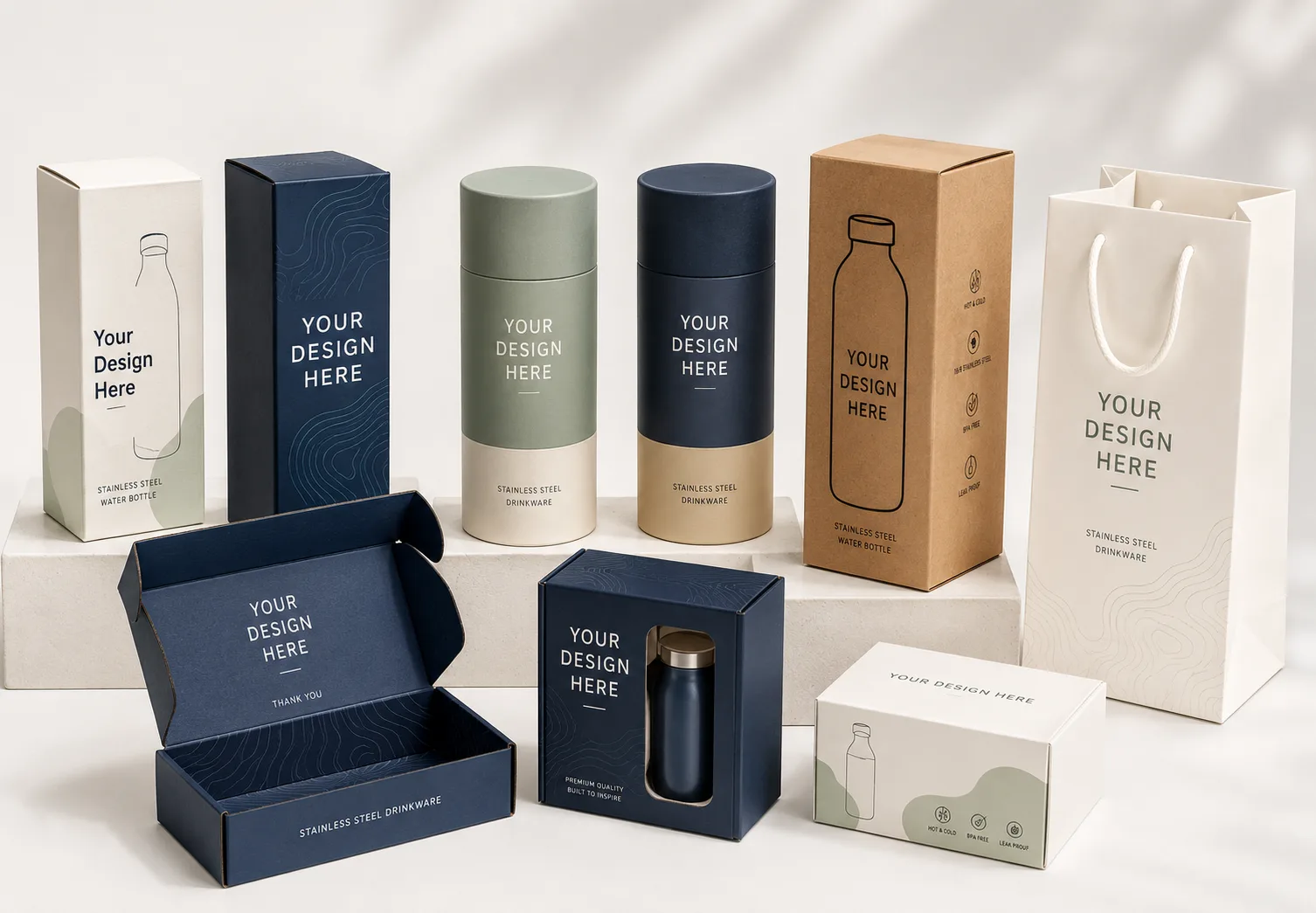 Premium retail packaging beside stainless steel drinkware