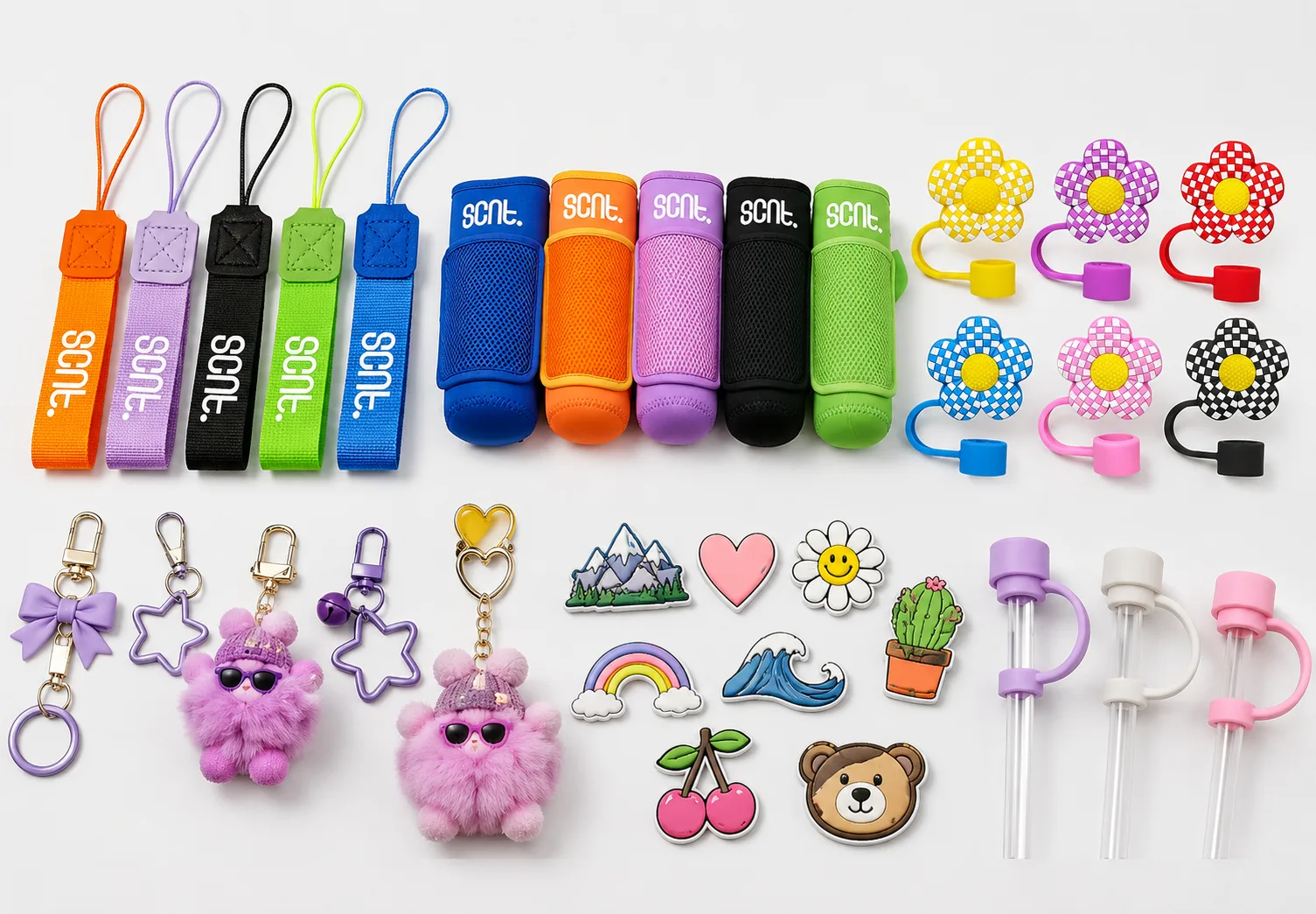 Compatible drinkware accessories arranged neatly around a stainless steel bottle