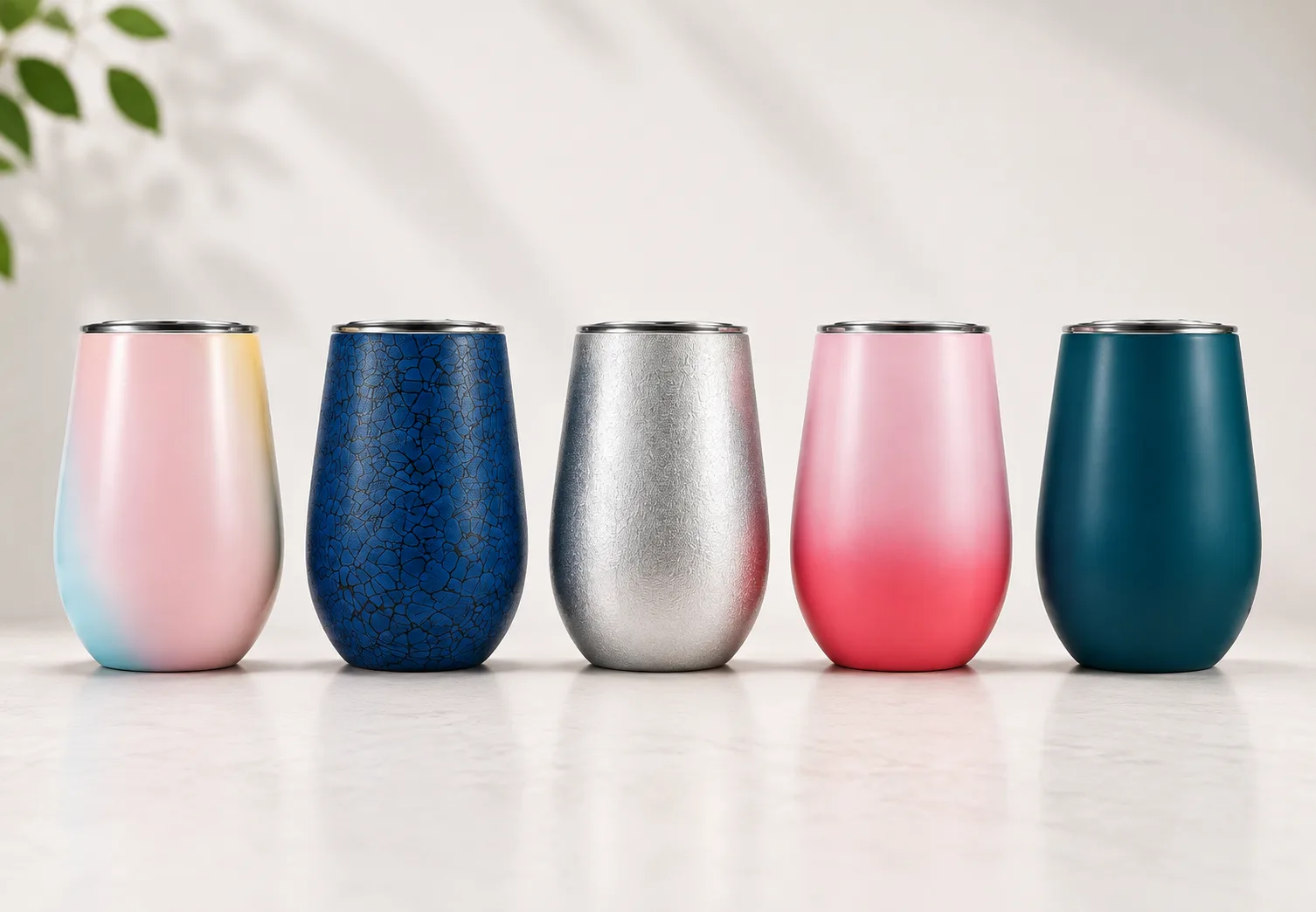 Close-up surface samples showing different premium finishes on stainless steel bottles