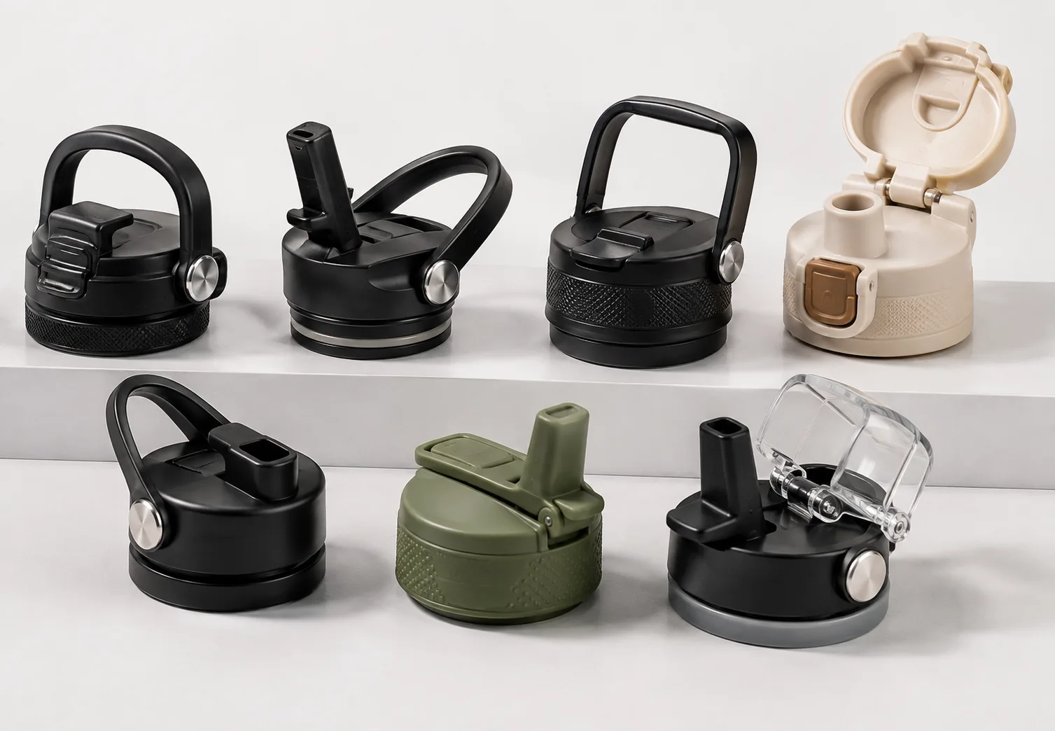 Premium lid and cap variations arranged beside a stainless steel bottle