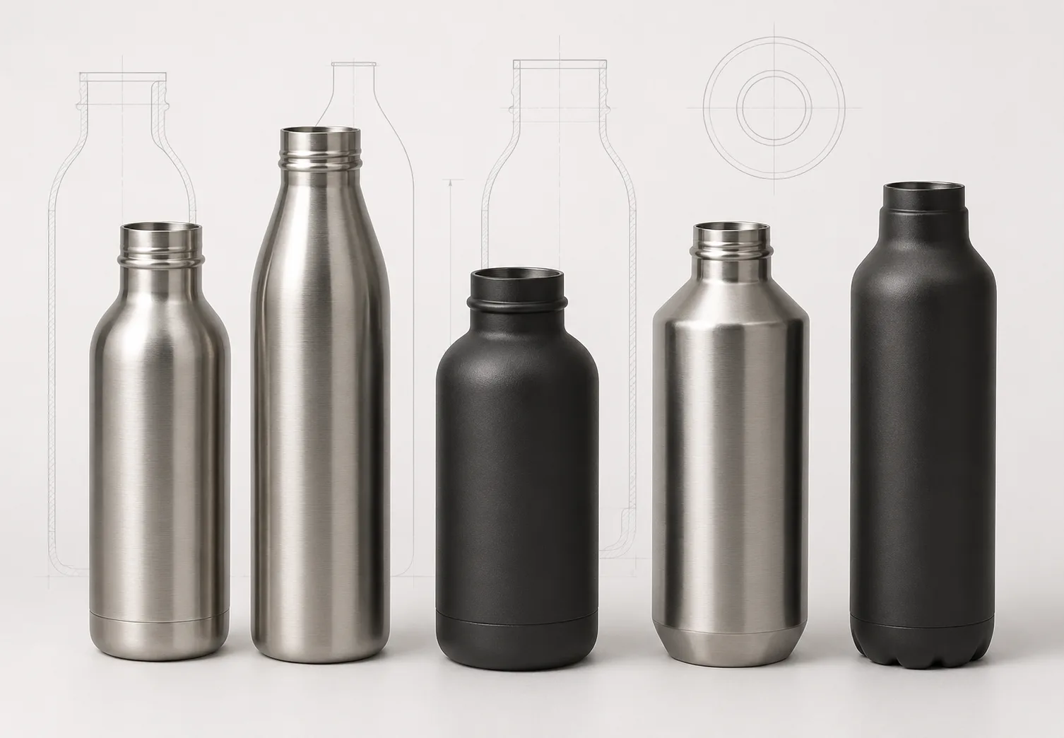Stainless steel bottle body silhouettes showing various shapes and profiles