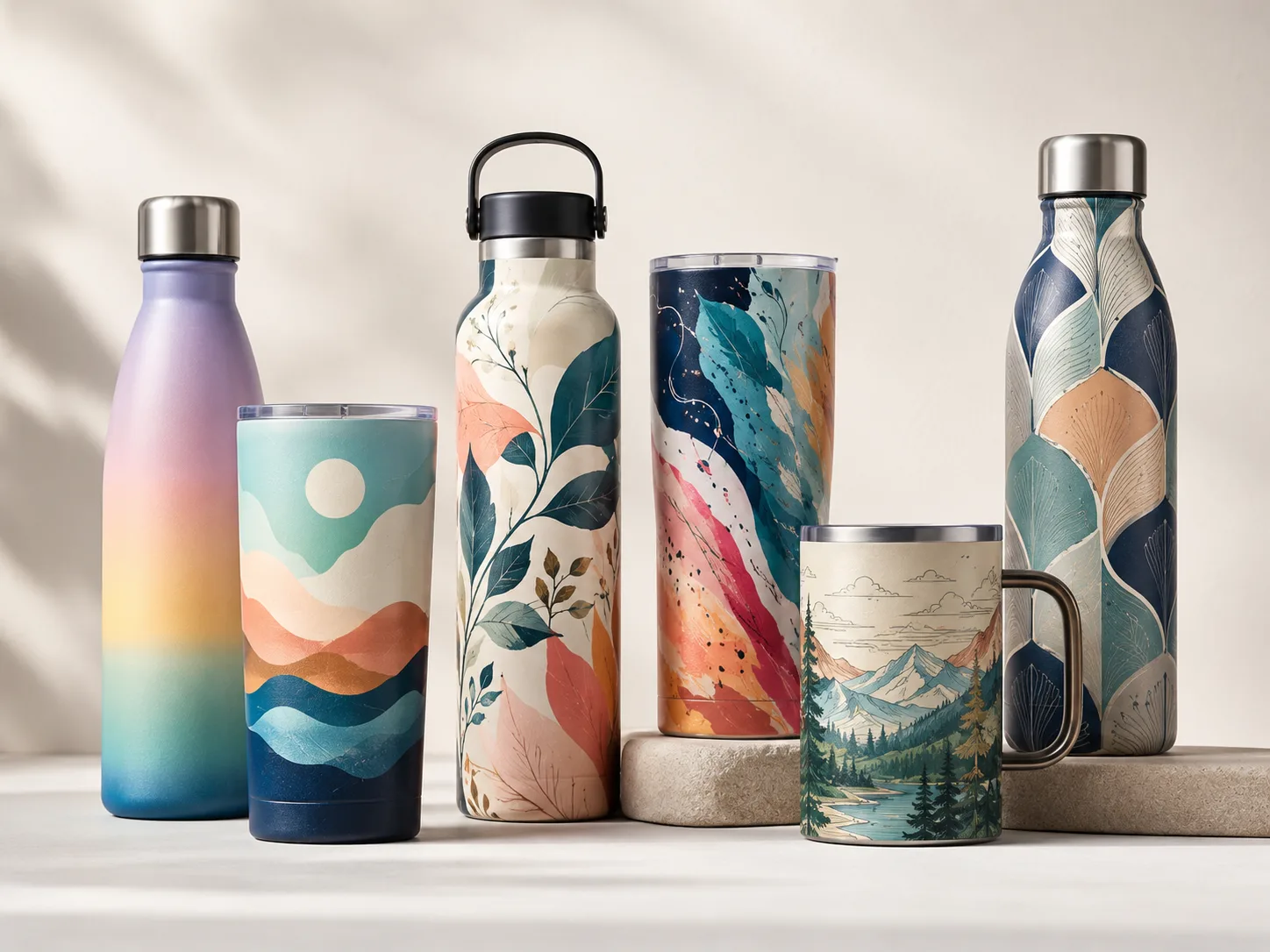Premium stainless steel drinkware featuring full-wrap multi-color graphic decoration