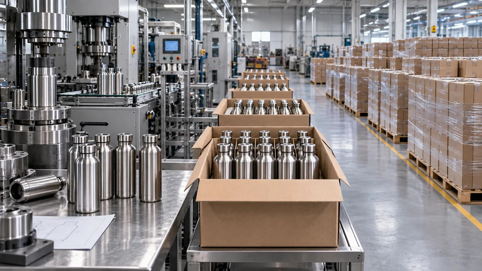Economies of Scale in Water Bottle Manufacturing Warehouse shelves stacked high with stainless steel water bottles, illustrating economies of scale in manufacturing