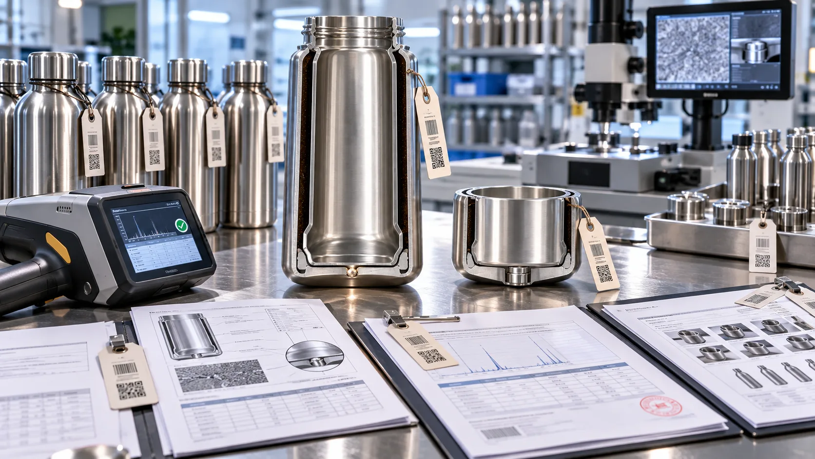 A person closely examining the quality control report for a batch of stainless steel water bottles.