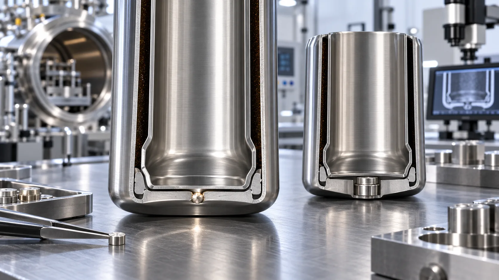An illustration of the bottom of a double-walled bottle showing the sealing point before the base cap is attached.