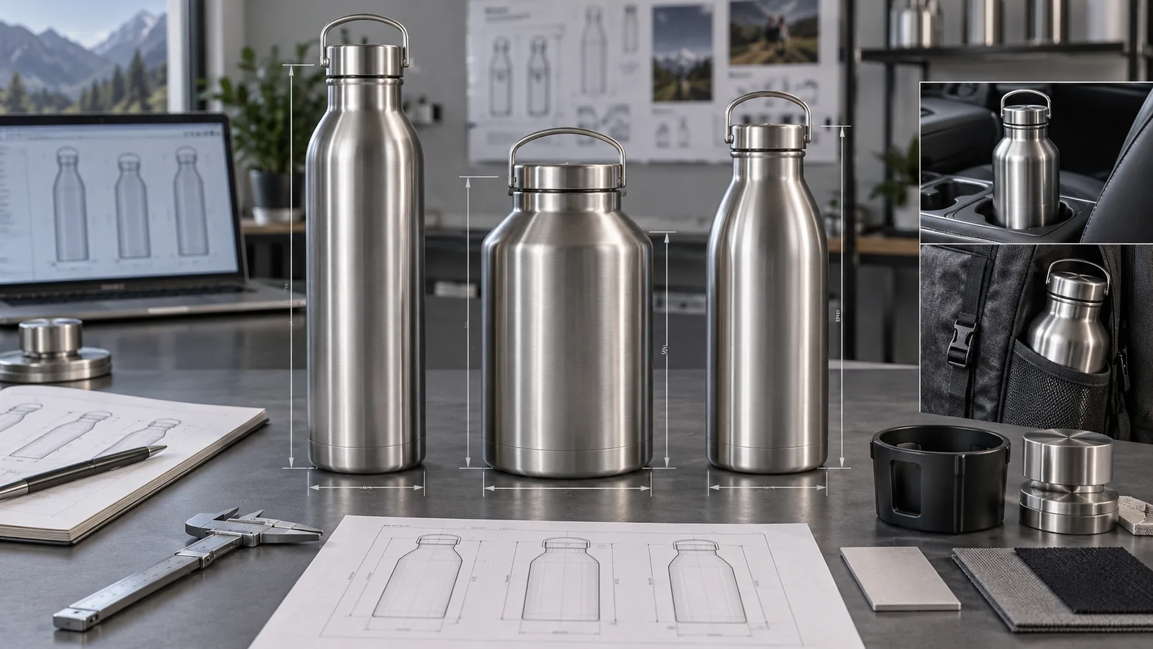 Different designs of 1000 ml water bottles showing variations in height and diameter