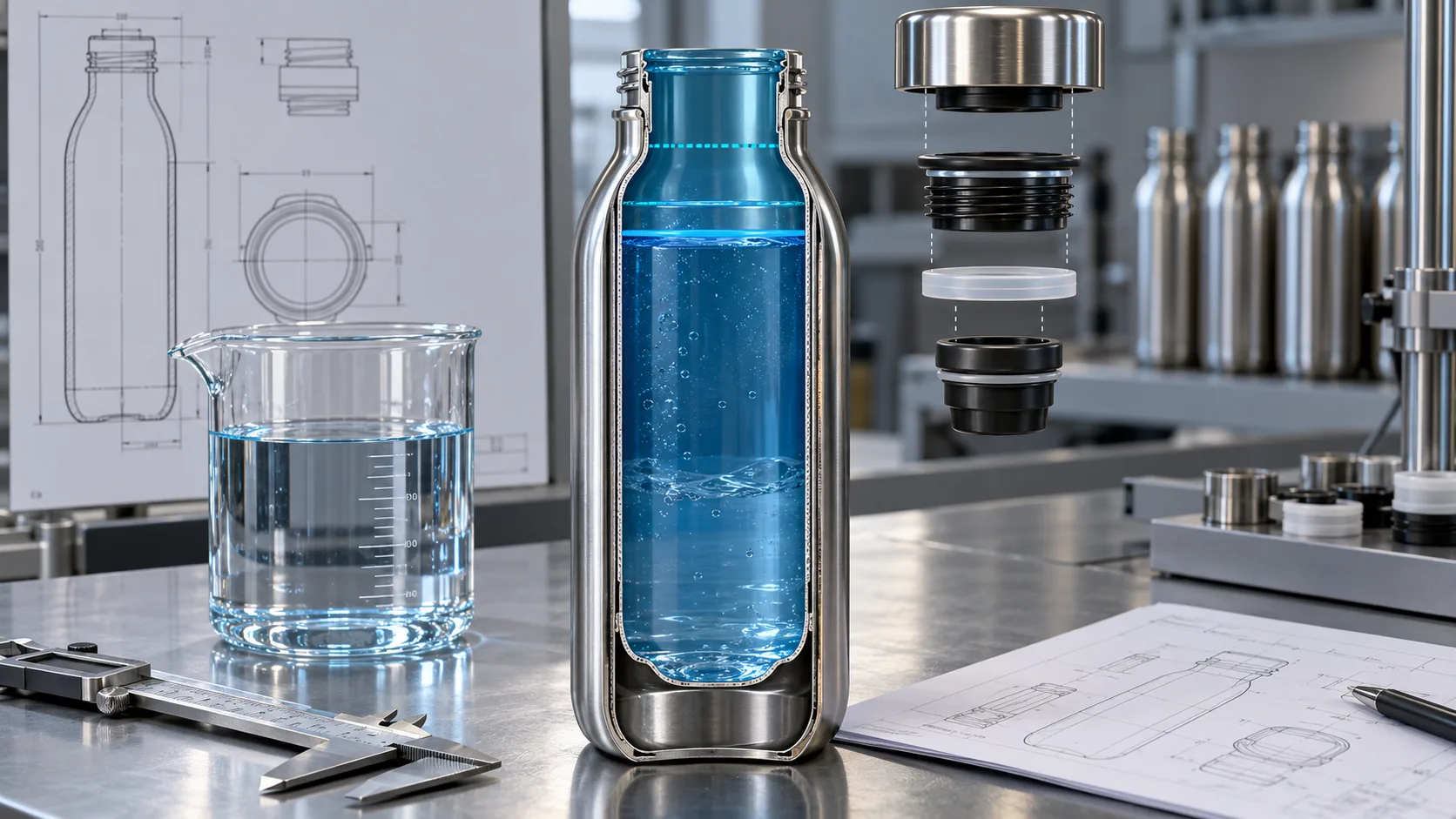 Diagram showing the difference between brimful capacity and usable volume in a 1000 ml water bottle