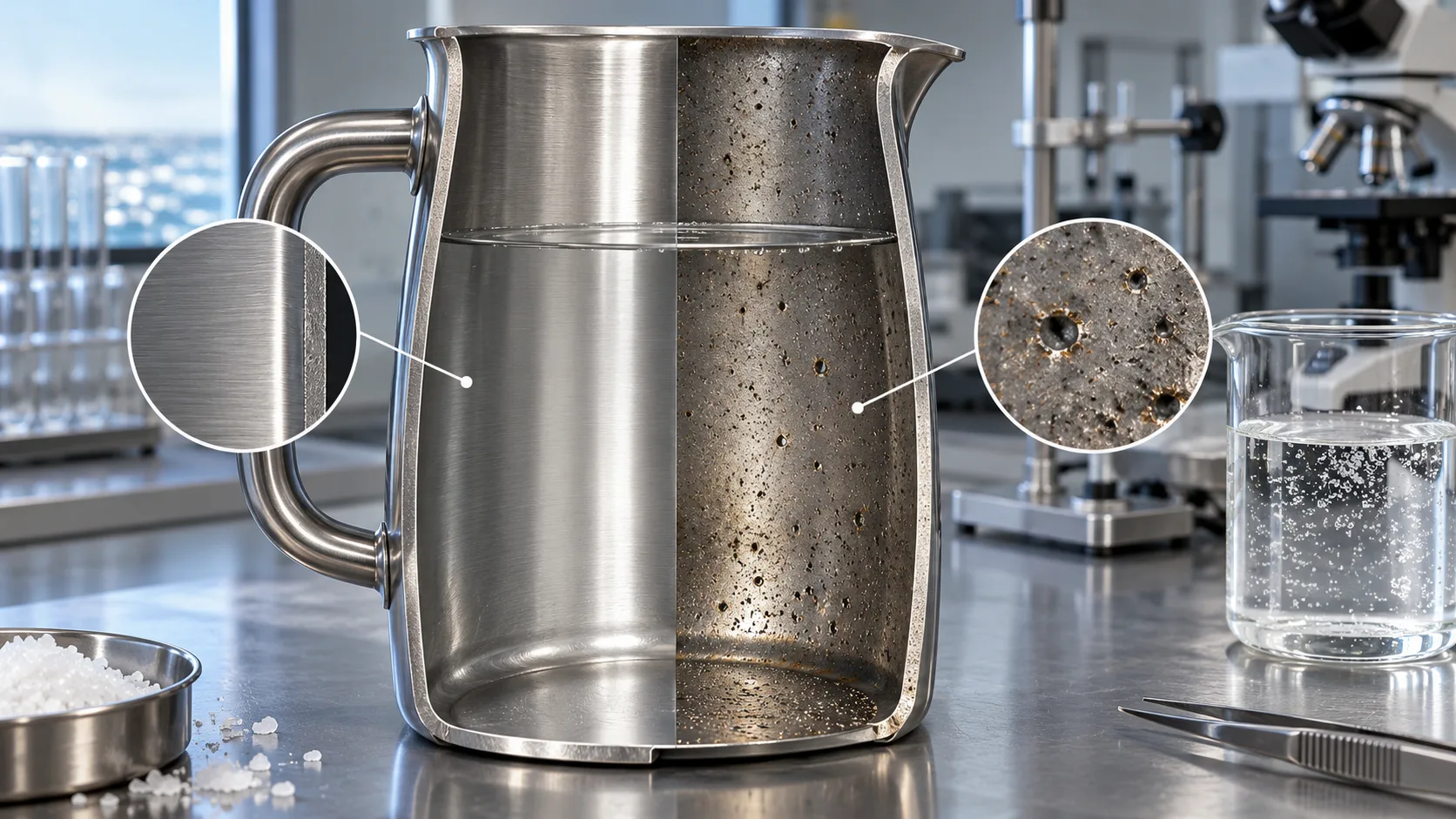 Close-up of pitting corrosion on a stainless steel surface