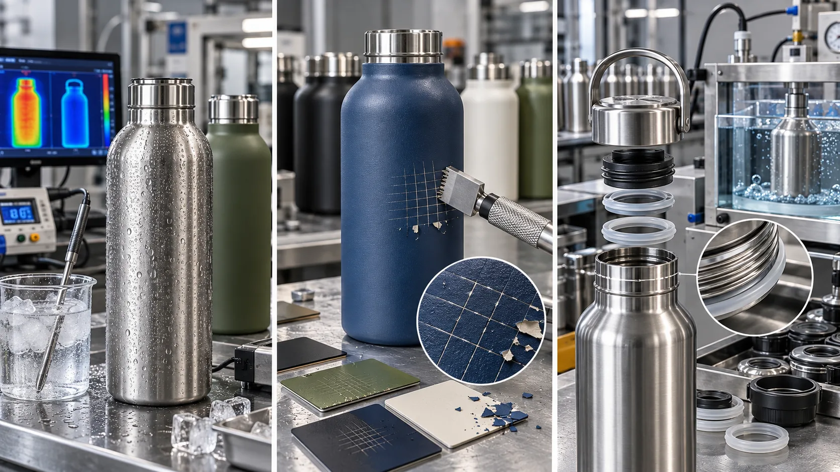 An inspector examining a stainless steel water bottle with a magnifying glass for defects.