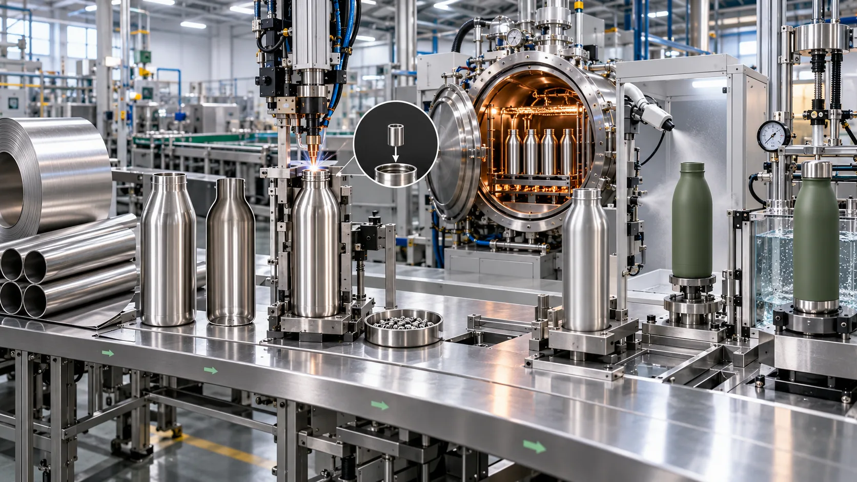 A factory floor showing machinery for forming stainless steel water bottles.