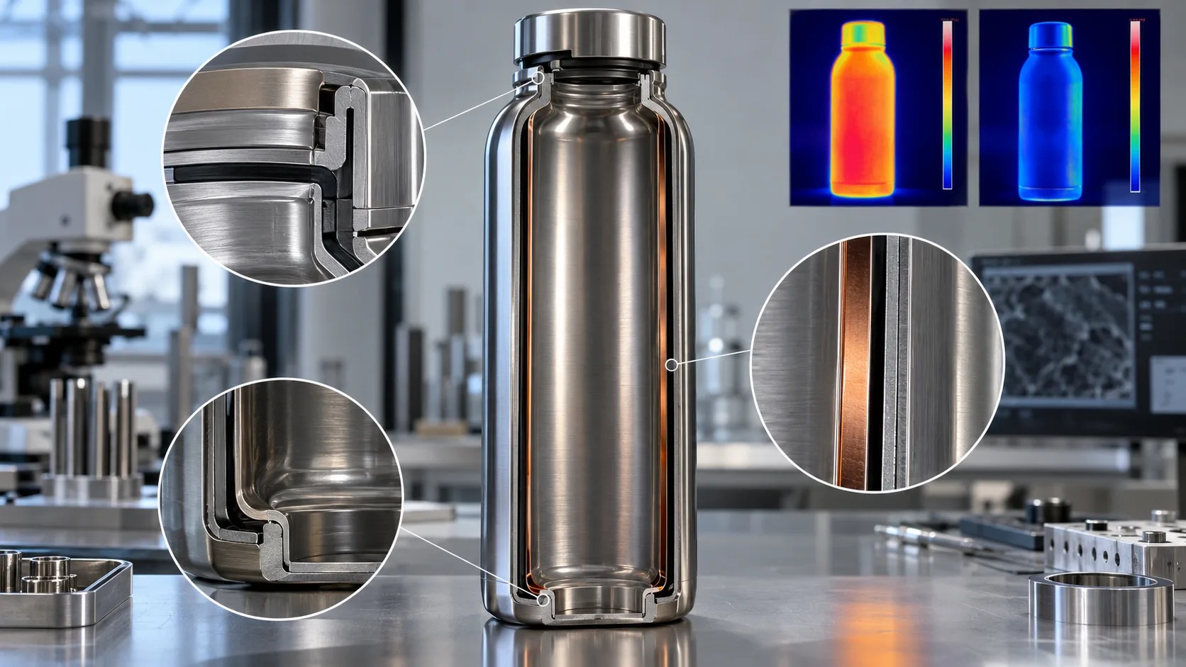 Cross-section of a vacuum insulated bottle with labels for inner wall, outer wall, and vacuum layer.