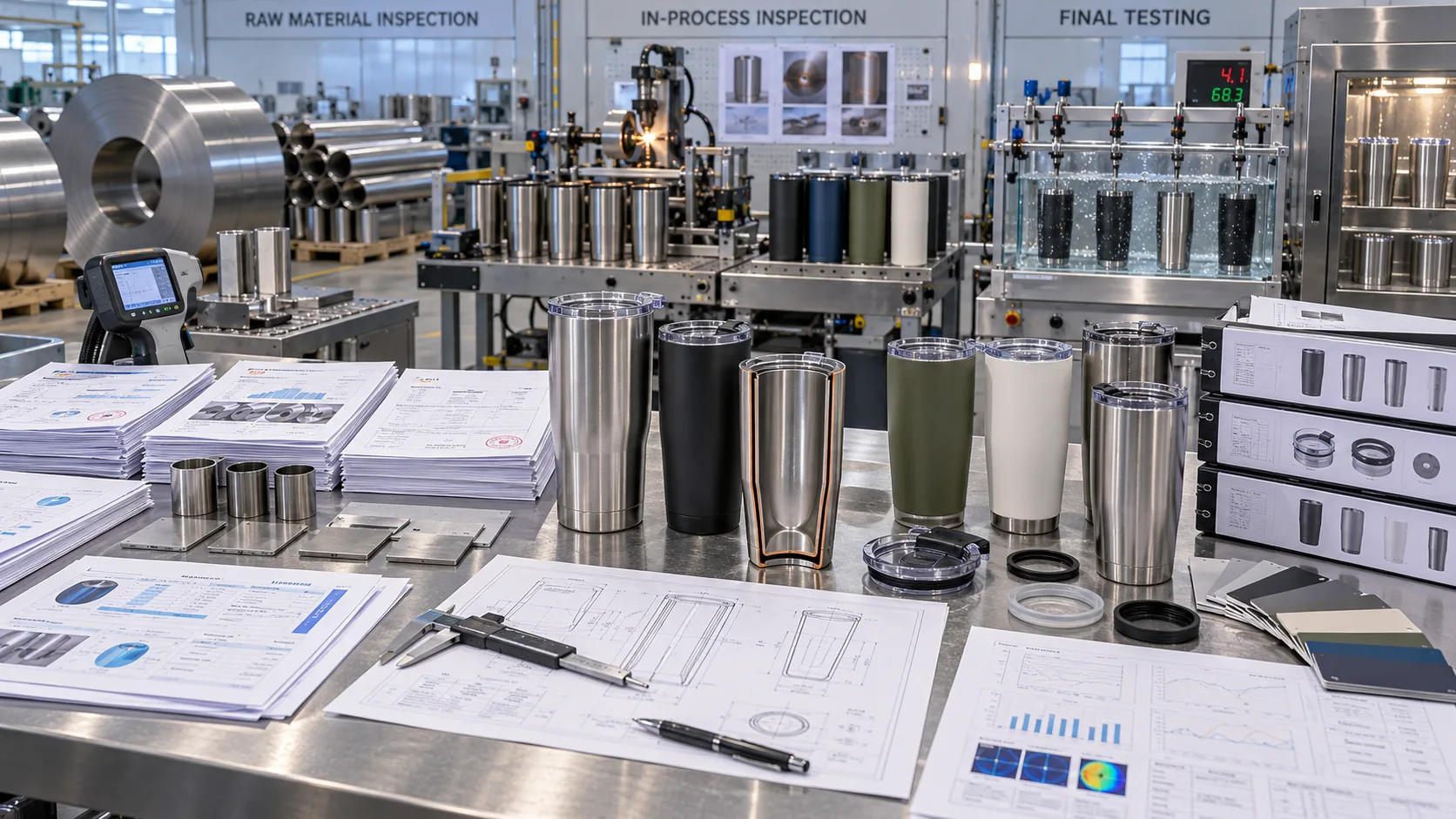 A sourcing manager reviewing factory audit reports and material test certificates for insulated tumblers.