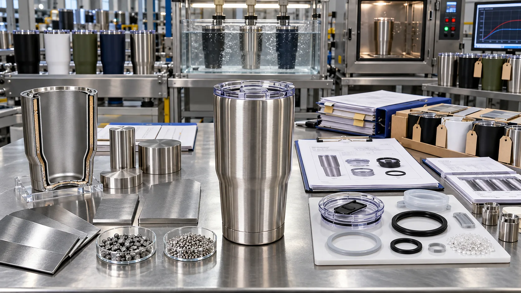 A quality inspector examining the weld seam on an insulated stainless steel tumbler.