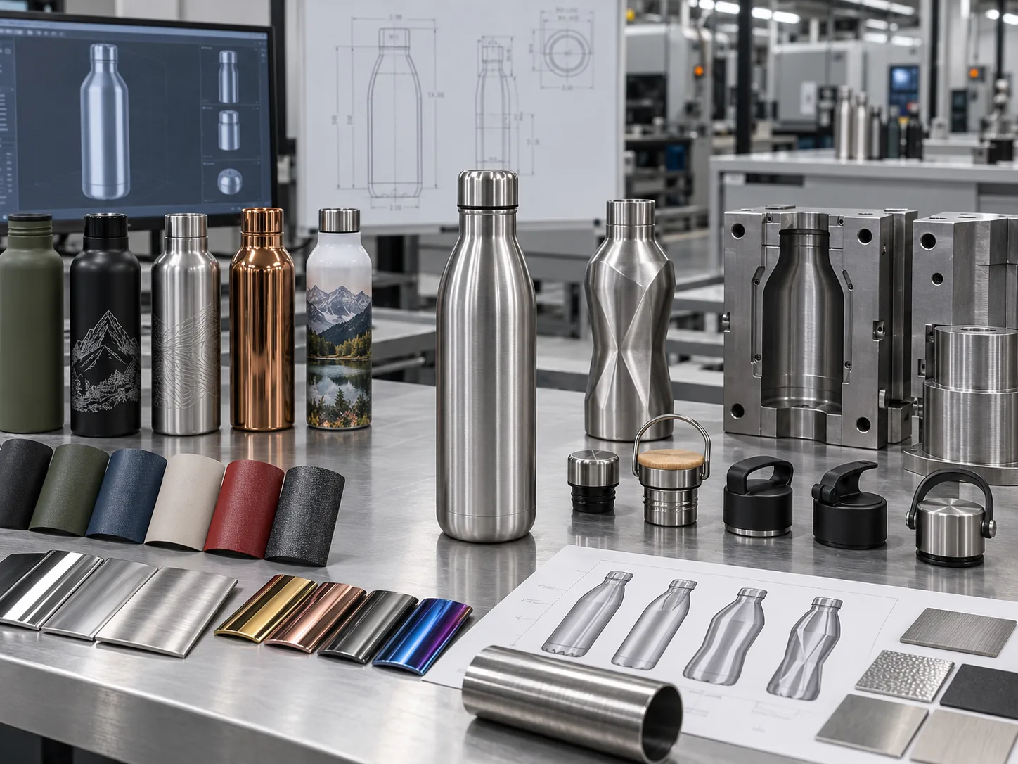 Custom Surface Finishes for Water Bottles Various custom surface finishes for stainless steel water bottles, impacting manufacturing cost