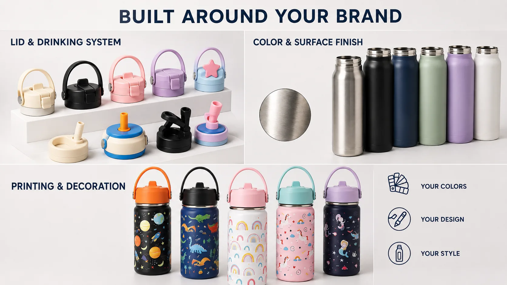 Close-up of custom drinkware details showing different lid types, powder coating finishes, and surface texture options