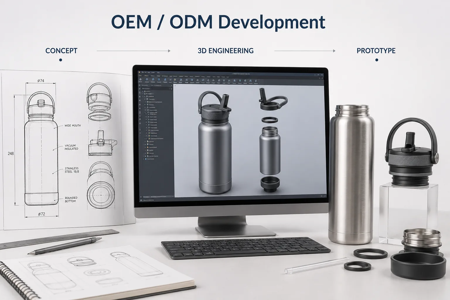Product development scene showing bottle sketches, 3D renderings, and prototype development for OEM/ODM manufacturing